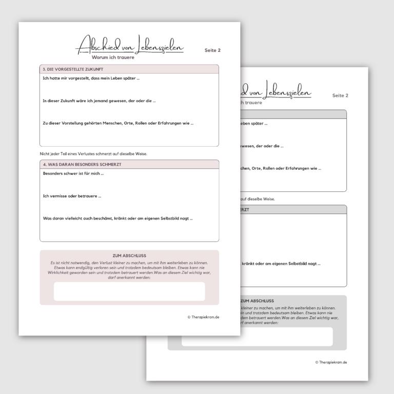 Arbeitsblatt „Abschied von Lebenszielen“ zur Reflexion von Trauer, Verlust, unerreichbaren Zielen, Selbstbild und Neuorientierung.