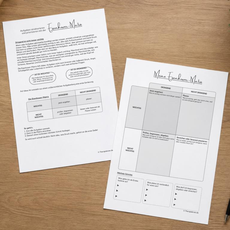 Infoblatt und Arbeitsblatt zur Eisenhower-Matrix mit vier Feldern, um Aufgaben nach Wichtigkeit und Dringlichkeit zu sortieren und nächste Schritte zu planen.