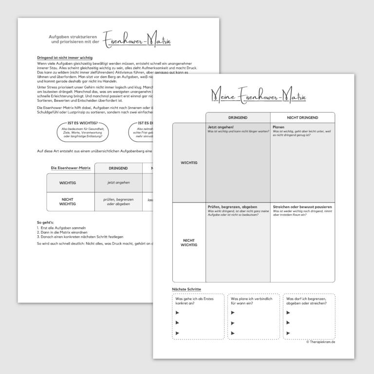 Infoblatt und Arbeitsblatt zur Eisenhower-Matrix mit vier Feldern, um Aufgaben nach Wichtigkeit und Dringlichkeit zu sortieren und nächste Schritte zu planen.