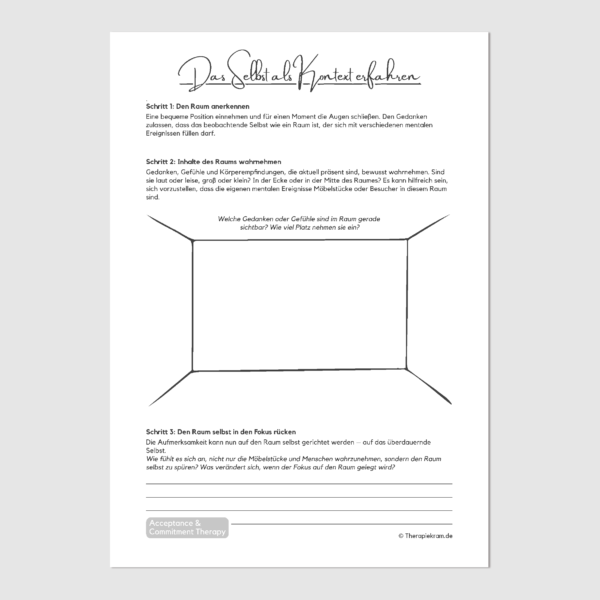 Therapiekram Arbeitsblatt mit der Raum-Metapher, das das Konzept des Selbst als Kontext erklärt, inklusive Reflexionsfragen und praktischer Übung. ACT Therapietool!