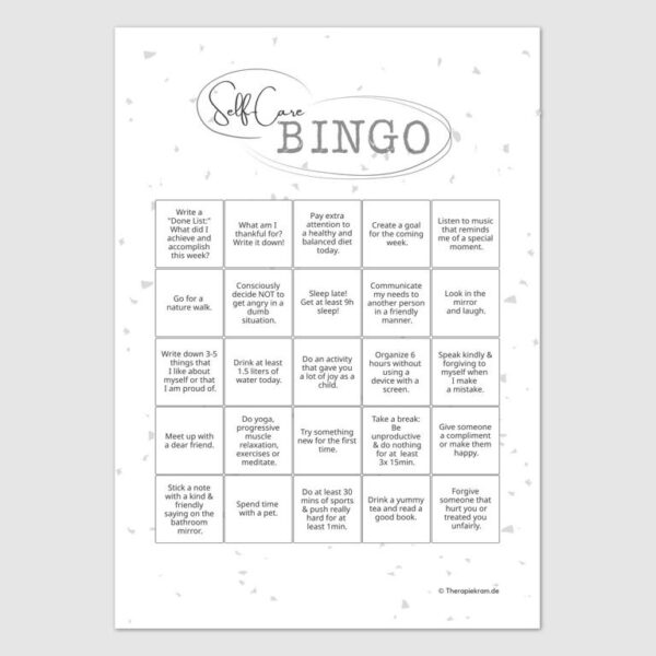 self care bingo cognitive behavioral therapy, therapy tools, psychotherapy, well-being, therapiekram